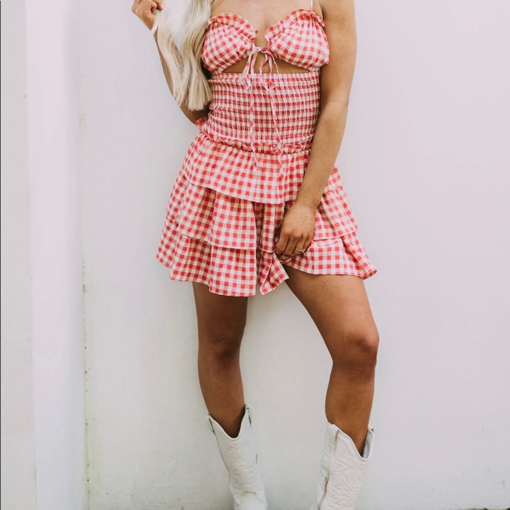 Ruffled Gingham Cut Out Dress
